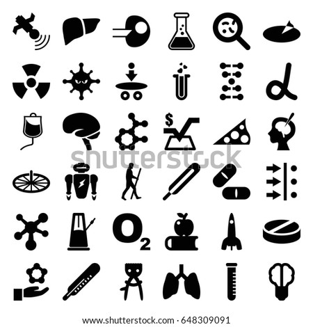 Science icons set. set of 36 science filled icons such as thermometer, hair removal, mathematical square, themometer, pill, bacteria, liver, brain, heart test tube, satellite