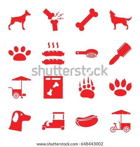 Dog icons set. set of 16 dog filled icons such as animal paw, wolf, hair brush, fast food cart, x ray, broken leg or arm, sausage, paw