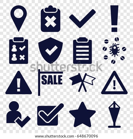 Mark icons set. set of 16 mark filled icons such as warning, star, virus and pills, flag, add user, tick, shield, sale, check list, clipboard with cross, exclamation point