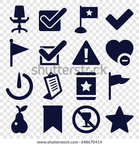 Mark icons set. set of 16 mark filled icons such as clipboard, star, pear, no alcohol, minus favorite, tick, office chair, stopwatch camera, flag
