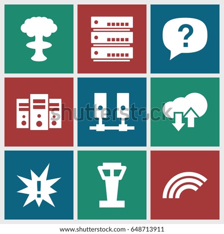 Cloud icons set. set of 9 cloud filled icons such as airport tower, download upload cloud, rainbow, exclamation, nuclear explosion