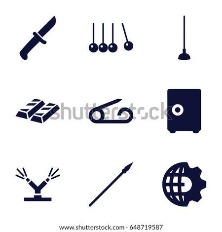 Metal icons set. set of 9 metal filled icons such as pin, hoe, watering system, spear, knife, clobe gear, cradle, safe
