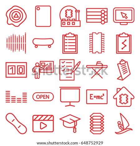 Board icons set. set of 25 board outline icons such as wooden wall, ironing table, clipboard, arrow up, check list, movie clapper, equalizer, board, open, teacher, surfing
