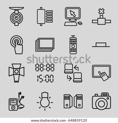 Digital icons set. set of 16 digital outline icons such as photos, pointer on display, finger on tablet, touchscreen, music pause, mp3 player, soft box, camera bulb
