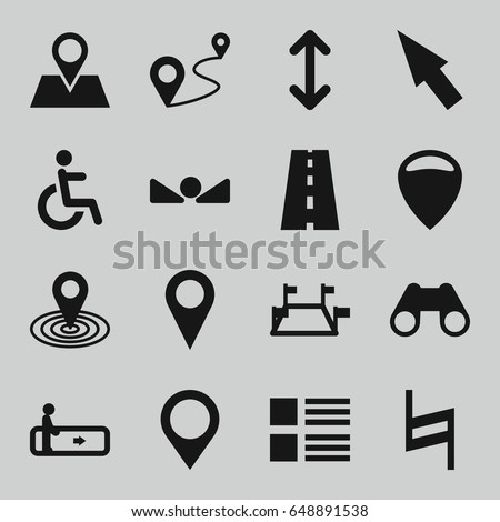 Navigation icons set. set of 16 navigation filled icons such as escalator, map location, disabled, location pin, distance, road, binoculars, pause, arrow up, arrow, pointer