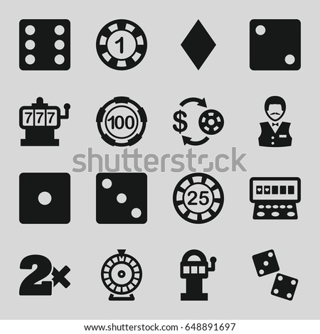 Chance icons set. set of 16 chance filled icons such as diamonds, slot machine, casino chip and money, 1 casino chip, dice, roulette, dice