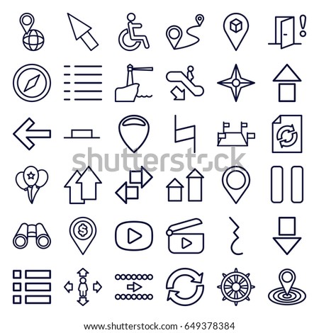 Navigation icons set. set of 36 navigation outline icons such as escalator down, arrow up, man move, reload, map location, disabled, pin on globe, distance, helm, location