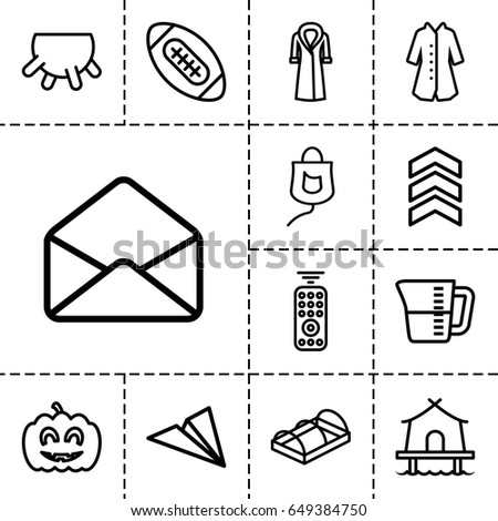 Linear icon. set of 13 outline linearicons such as udder, overcoat, greenohuse, envelope, drop counter, pumpkin haloween, decanted, tent, remote control, arrow