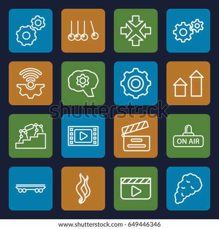 Motion icons set. set of 16 motion outline icons such as arrow up, gear, cargo wagon, movie clapper, open air, smoke, gear    sign symb, move, cradle, stairs, gear connection