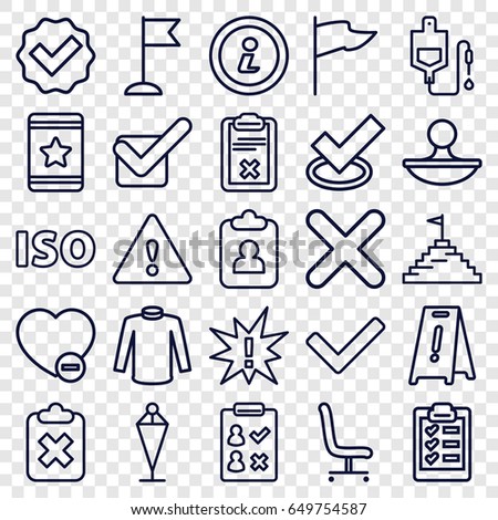 Mark icons set. set of 25 mark outline icons such as wet floor, sweater, flag, star, drop counter, minus favorite, clipboard, office chair, stamp, tick, cross, iso, warning