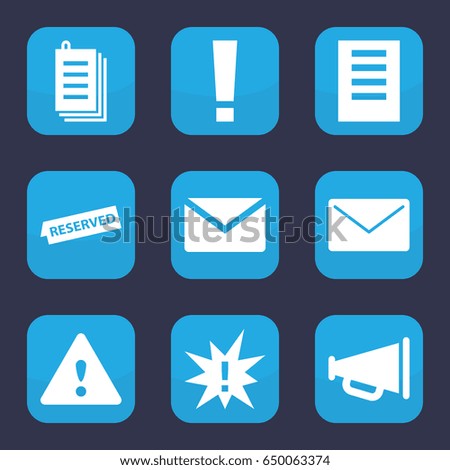 Message icon. set of 9 filled message icons such as paper, reserved, warning, megaphone, document, exclamation, mail