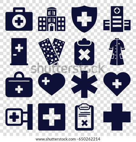 Cross icons set. set of 16 cross filled icons such as aid post, hospital, medical sign, bandage, clipboard, nurse gown, first aid kit, hospital building, plus