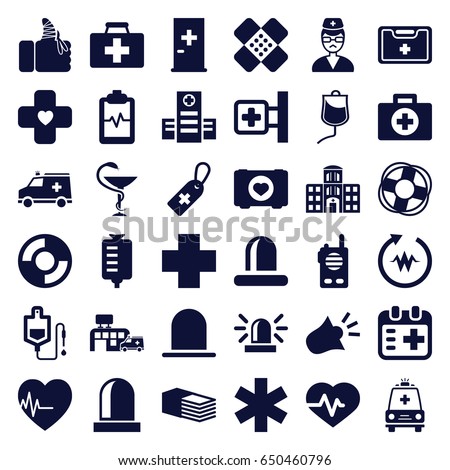 Emergency icons set. set of 36 emergency filled icons such as siren, aid post, heartbeat, case with heart, first aid kit, medical cross, hospital, medical cross tag