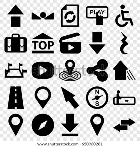 Navigation icons set. set of 25 navigation filled icons such as escalator, finger pressing play button, reload, map location, disabled, top of cargo box, road, luggage, pause