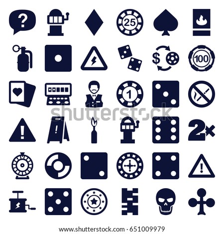 Risk icons set. set of 36 risk filled icons such as spades, clubs, diamonds, roulette, casino chip and money, 1 casino chip, dice, slot machine, wet floor, warning