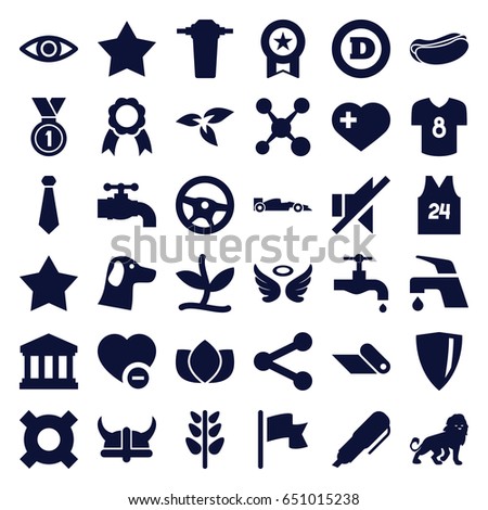 Emblem icons set. set of 36 emblem filled icons such as plant, lion, wings, lotus, star, d letter, tap, hot dog, heart with cross, minus favorite, no sound, ribbon, eye