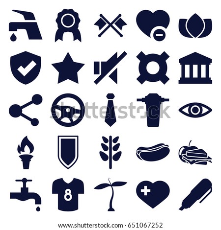 Emblem icons set. set of 25 emblem filled icons such as plant, lotus, star, tap, hot dog, sandwich and apple, heart with cross, minus favorite, share, no sound, eye