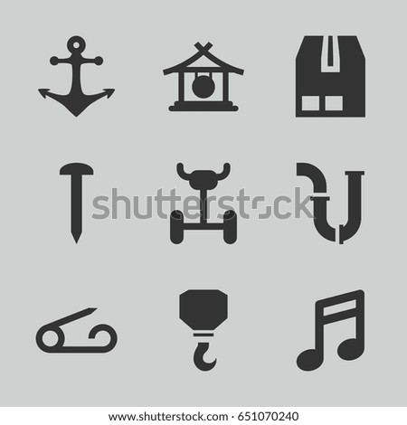 Metal icons set. set of 9 metal filled icons such as gong, pin, nail, pipe, hook, cargo container, anchor, wheel