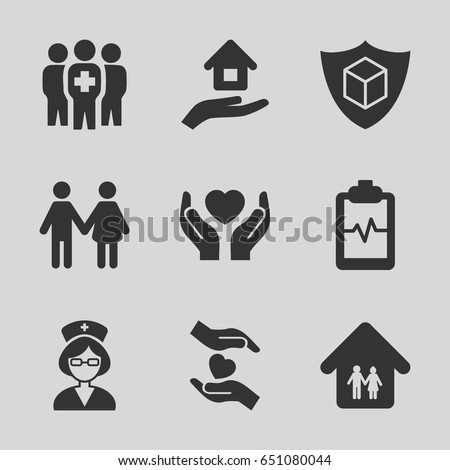 Insurance icons set. set of 9 insurance filled icons such as heartbeat clipboard, hands holding heart, medical group, nurse, family home