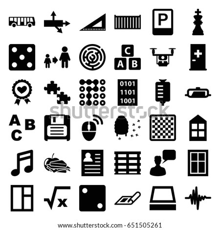 Square icons set. set of 36 square filled icons such as pan, airport bus, aid post, plan, window, abc cube, dice, chatting man, son and father, ruler, sandwich and apple