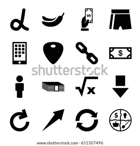 App icons set. set of 16 app filled icons such as money, payment, banana, guitar mediator, calendar on phone, marketing, reload, arrow, square root, alpha, money, arrow down