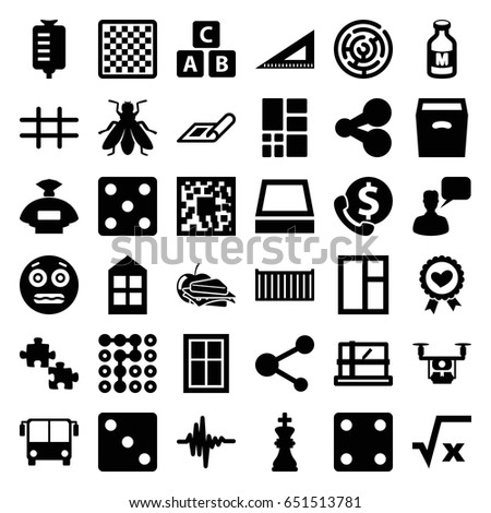 Square icons set. set of 36 square filled icons such as fly, airport bus, plan, parcel, window, abc cube, perfume, dice, chatting man, ruler, shocked emoji, sandwich and apple