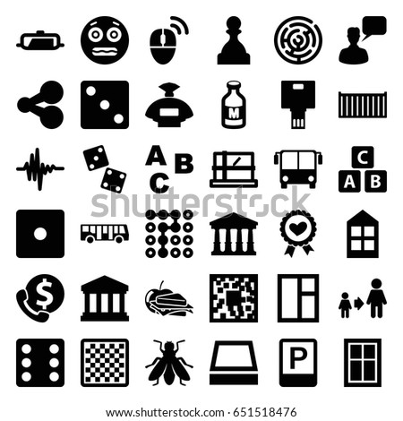 Square icons set. set of 36 square filled icons such as pan, fly, airport bus, court, parcel, window, abc cube, perfume, dice, chatting man, son and father, shocked emoji