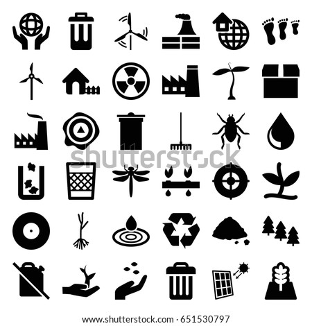 Environment icons set. set of 36 environment filled icons such as plant, hand with seeds, pine tree, dragonfly, beetle, trash bin, factory, house, water drop, rake