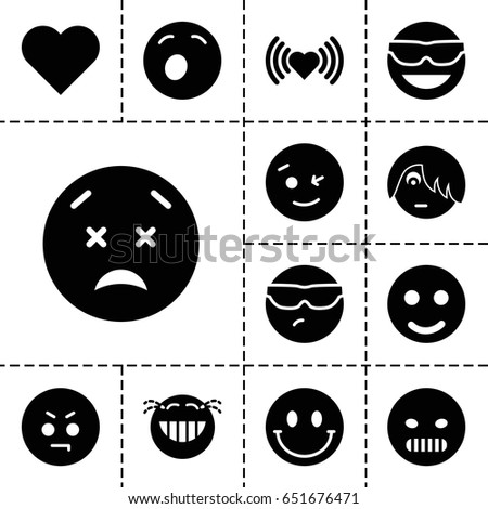 Emotion icon. set of 13 filled emotionicons such as heart, wink emot, emot in sun glasses, smiley