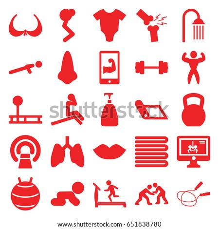 Body icons set. set of 25 body filled icons such as towels, baby onesie, nose, lips, soap, bra, treadmill, jump rope, shower, mri, push up, x-ray on display, broken leg or arm