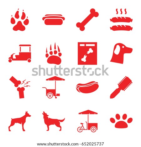 Dog icons set. set of 16 dog filled icons such as animal paw, wolf, hair brush, fast food cart, x ray, broken leg or arm, sausage, paw