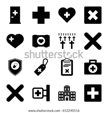 Cross icons set. set of 16 cross filled icons such as aid post, case with heart, clipboard, health insurance, hospital building, cancel, cemetery, plus