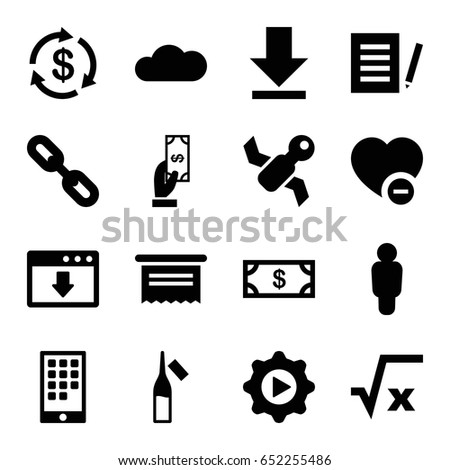 App icons set. set of 16 app filled icons such as money, payment, ampoule, minus favorite, download, play in gear, cloud, calendar on phone, satellite, square root, document