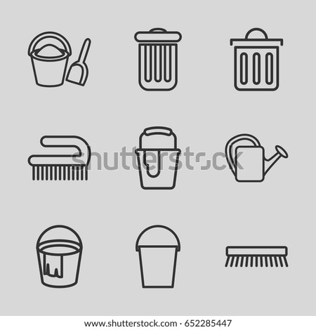 Bucket icons set. set of 9 bucket outline icons such as clean brush, watering can, delete trash bin