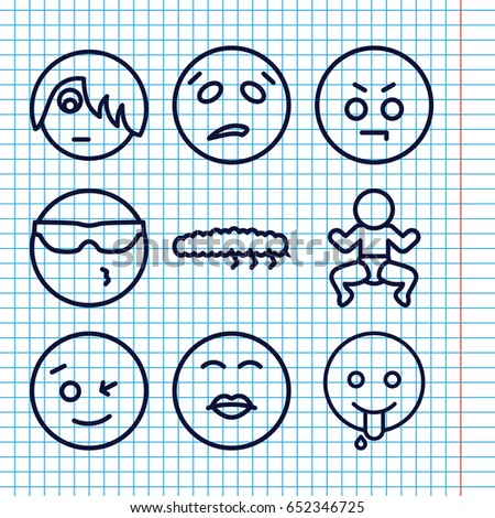 Set of 9 funny outline icons such as caterpillar, wink emot, cool emot in sunglasses, emoji showing tongue
