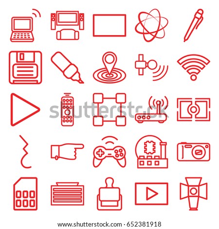 Digital icons set. set of 25 digital outline icons such as stamp, business center building, pointing, map location, laptop, diskette, play, pause, camera, soft box, burst