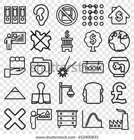 Concept icons set. set of 25 concept outline icons such as no laptop, globe, pyramid, nightstand, ear, no wash, sandwich, folder with heart, paper clamp, room tag, street lamp