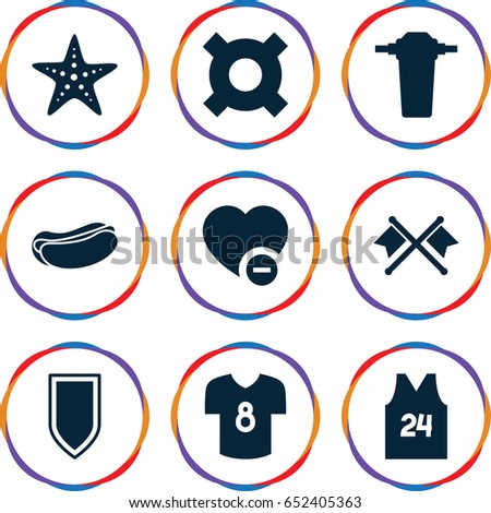 Emblem icons set. set of 9 emblem filled icons such as hot dog, minus favorite, tap, sport t shirt number 24, football t shirt, starfish, shield, crossed flags