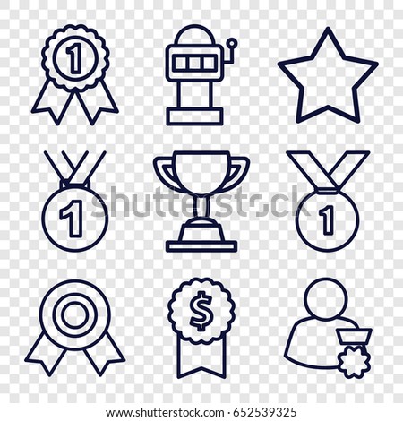 Prize icons set. set of 9 prize outline icons such as star, medal, trophy, man with medal, number 1 medal, dollar award