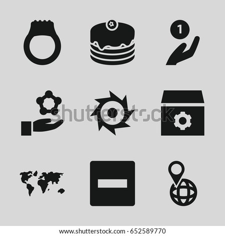 Round icons set. set of 9 round filled icons such as gear, cake, pin on globe, saw, ring, atom in hand, minus, world map