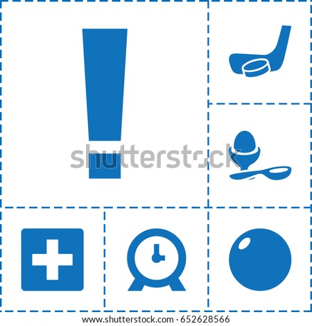 Round icon. set of 6 round filled icons such as clock, boiled egg, hockey stick and puck, plus, exclamation point