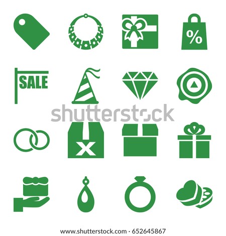 Gift icons set. set of 16 gift filled icons such as diamond, earring, gift, arrow up, sweet box, rings, party hat, tag, shopping sale, necklace, question box, box, sale