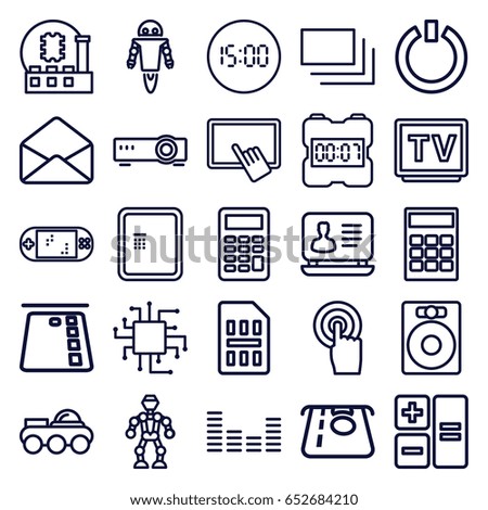 Electronic icons set. set of 25 electronic outline icons such as atm, atm money withdraw, finger on tablet, laptop, tv, touchscreen, envelope, equalizer, burst, sim card