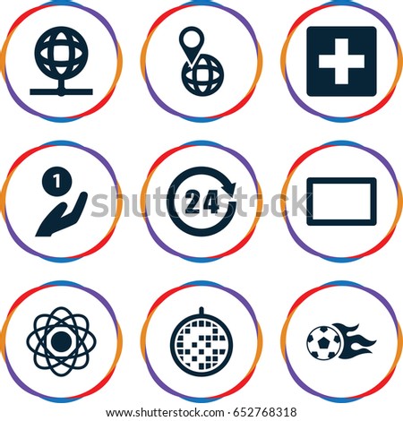 Round icons set. set of 9 round filled icons such as pin on globe, disco ball, burst, 24 hours, football ball, globe, atom, plus