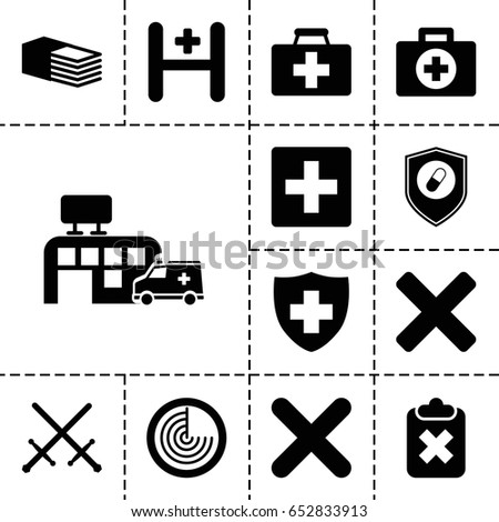 Cross icon. set of 13 filled crossicons such as radar, first aid kit, medical sign, bandage, hospital, health insurance, cross, sword, plus, clipboard with cross