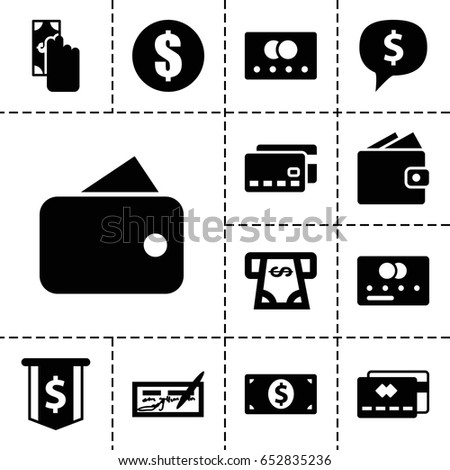 Pay icon. set of 13 filled payicons such as credit card, atm money withdraw, money dollar, money, wallet, cash payment, dollar sign in cloud, check