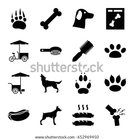 Dog icons set. set of 16 dog filled icons such as animal paw, wolf, hair brush, fast food cart, x ray, broken leg or arm, sausage, paw