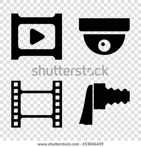 Video icons set. set of 4 video filled icons such as play, camera zoom, movie tape
