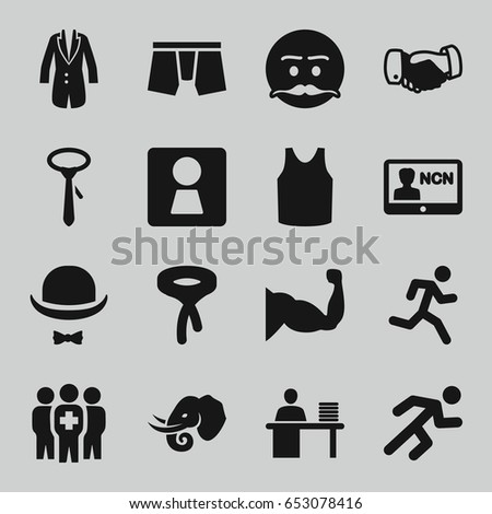  icons such as elephant, woman wc, man underwear, singlet, tie, handshake, emot with mustache, muscle, running, medical group