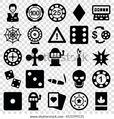 Risk icons set. set of 25 risk filled icons such as clubs, diamonds, roulette, casino chip and money, 1 casino chip, dice, spades, cigarette, slot machine, spider web, warning